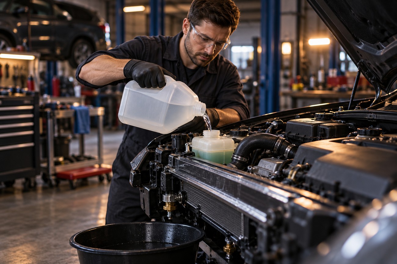 A mechanic in safety glasses pouring liquid from a jug into a car coolant reservoir in a garage
