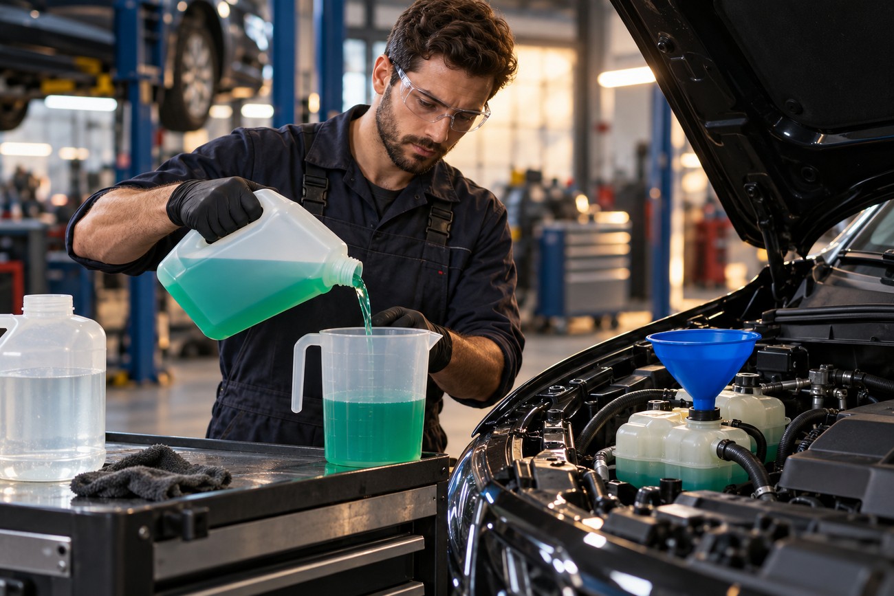 Mechanic in safety glasses pouring green coolant into a measuring cup next to a car with an open hood