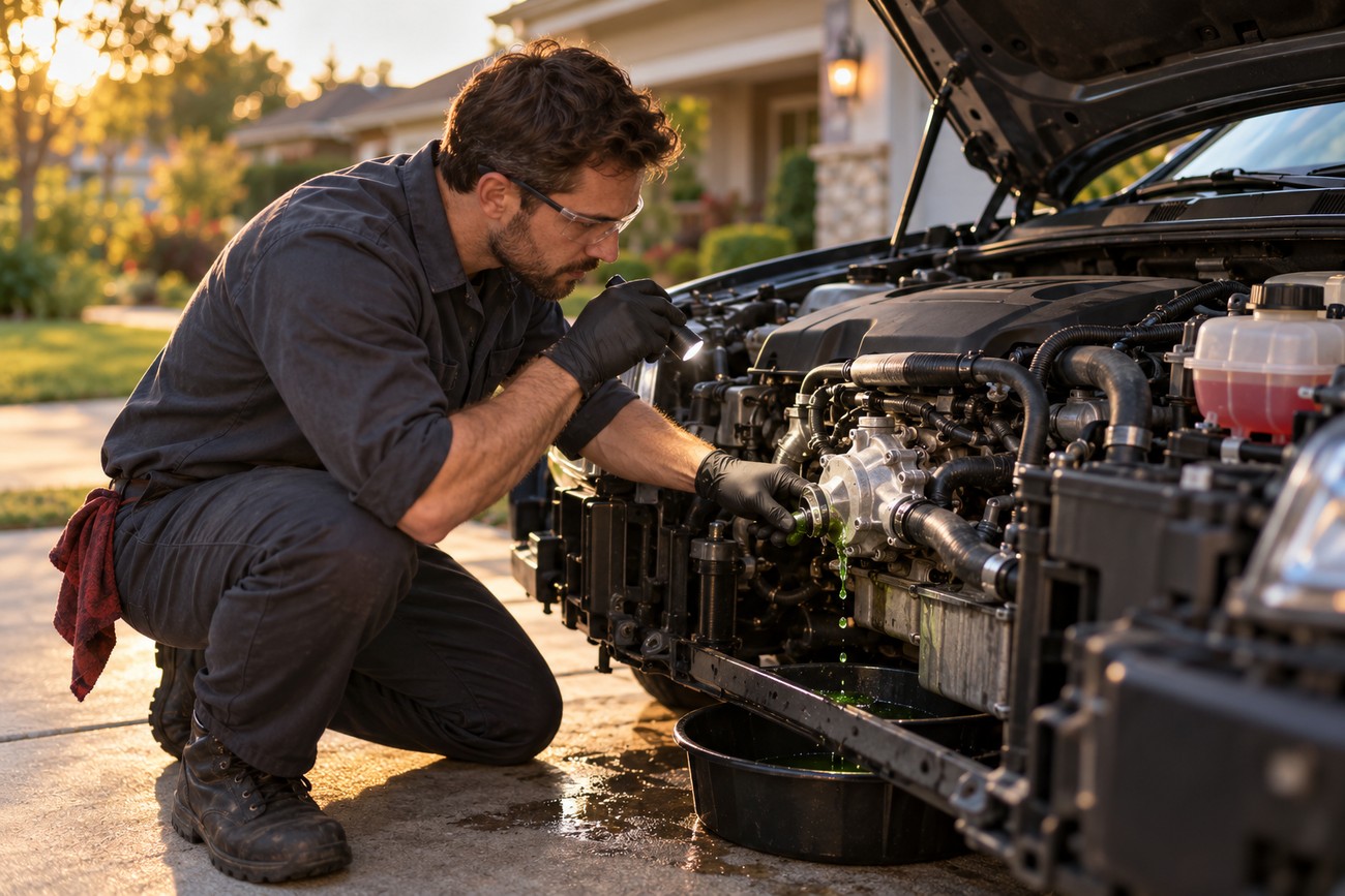 Mechanic wearing gloves and safety glasses inspects an open car engine and drains coolant into a pan