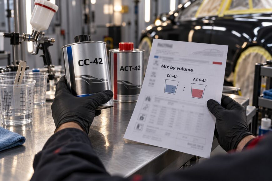 A technician wearing black gloves holds an automotive paint mixing instruction sheet and a can of paint in a workshop