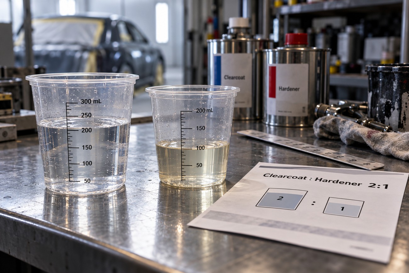 Two plastic measuring cups with clear liquid and a 2:1 ratio instruction sheet on a metal workbench in an auto body shop