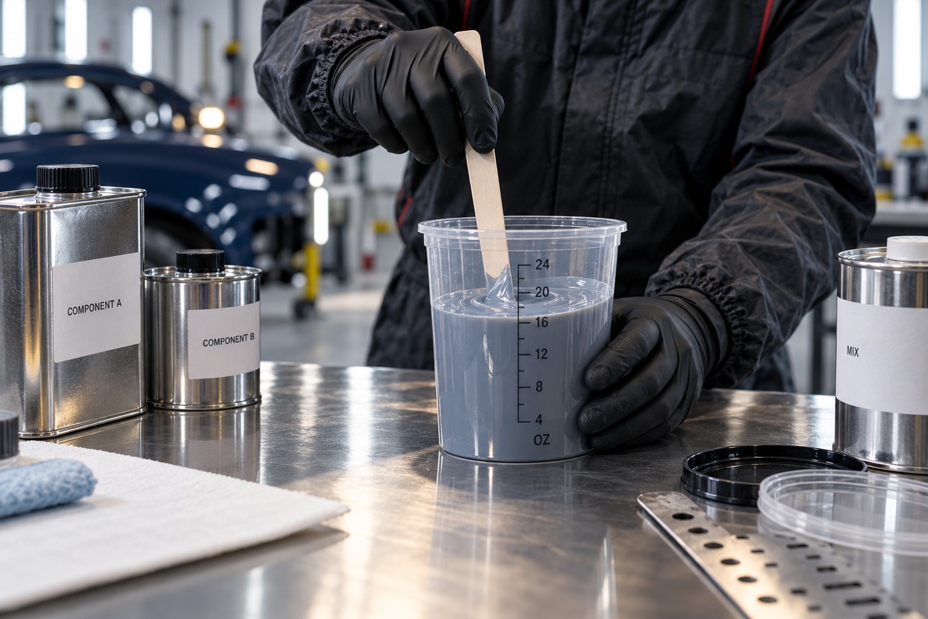 A technician in black gloves mixes gray automotive paint in a graduated plastic cup with a wooden stick