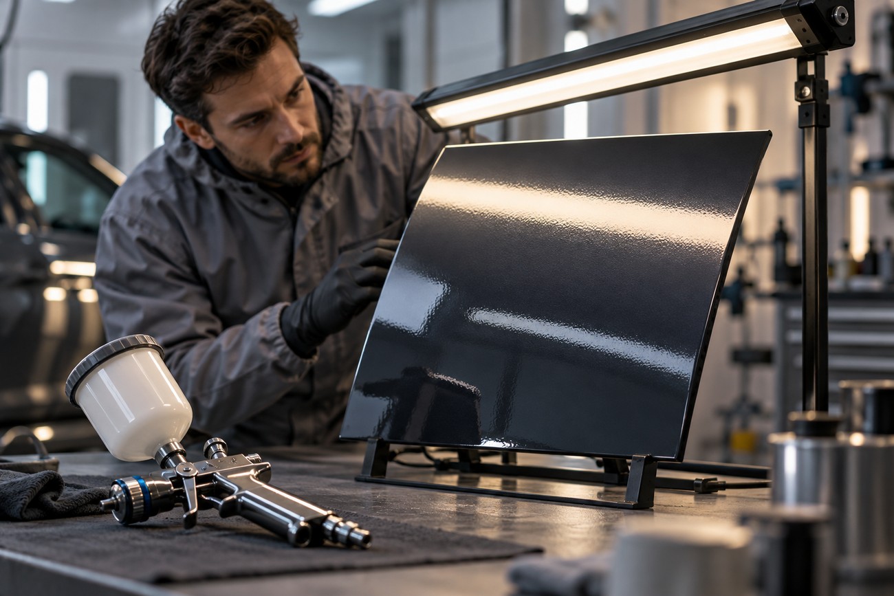 Car painter in a workshop inspecting a painted metal test panel under a studio light next to a spray gun