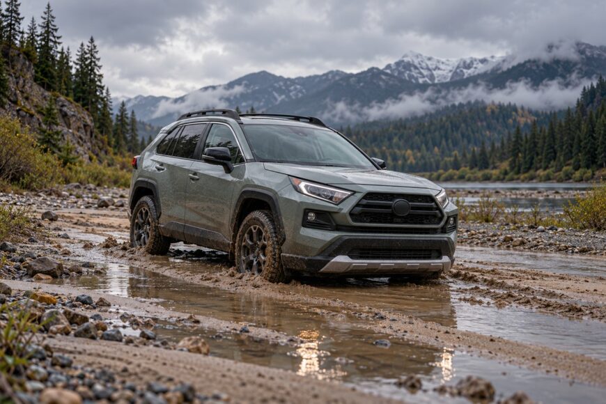 Green Toyota RAV4 stuck in deep wet quicksand on an off-road trail near mountains