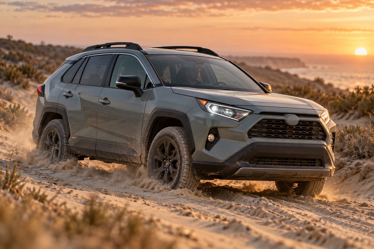 A gray Toyota RAV4 drives through soft sand near the beach during a bright sunset