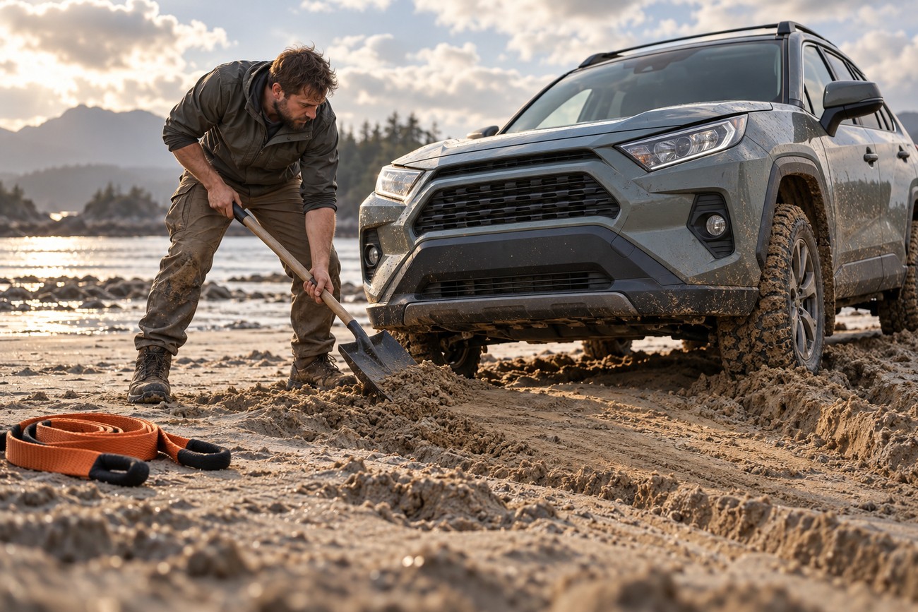 A man digging mud with a shovel near a Toyota RAV4 stuck in quicksand