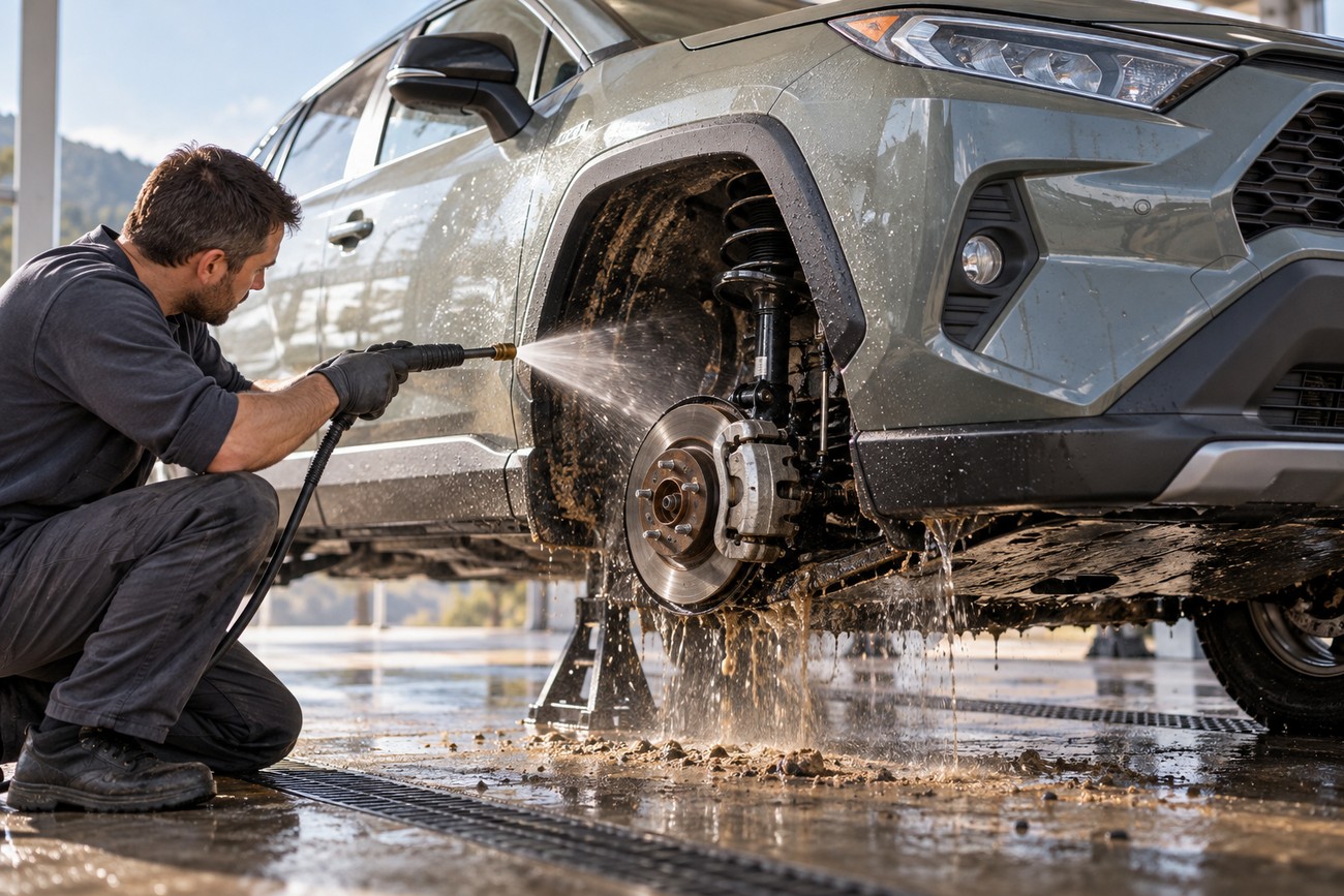 A man washes quicksand mud from the front wheel well of a Toyota RAV4 using a pressure washer