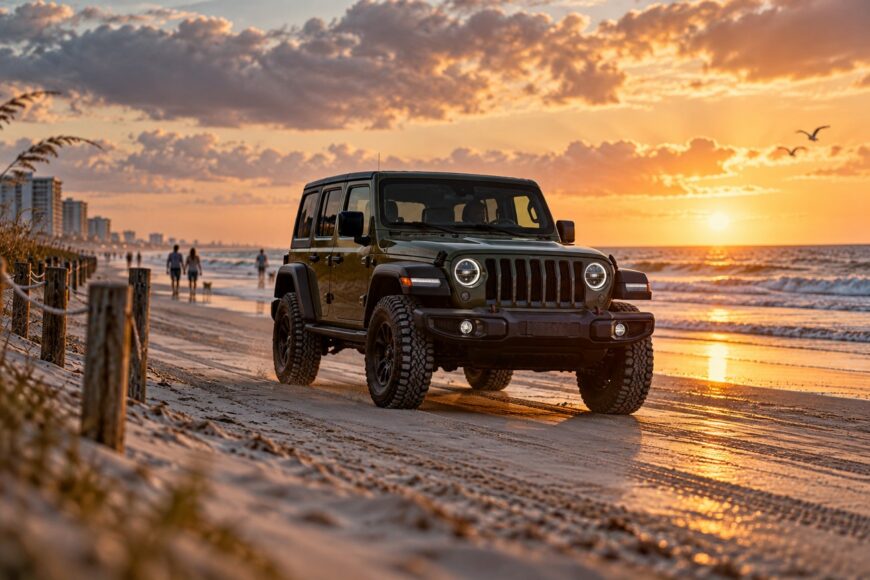 A dark green Jeep Wrangler driving on the wet sand of Daytona Beach at sunset