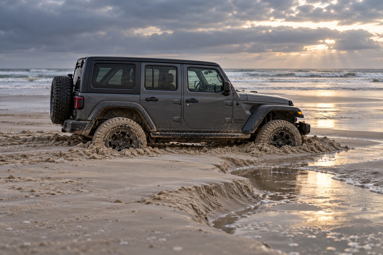 A dark gray Jeep Wrangler parked on the wet sand of Daytona Beach under a cloudy sunset sky