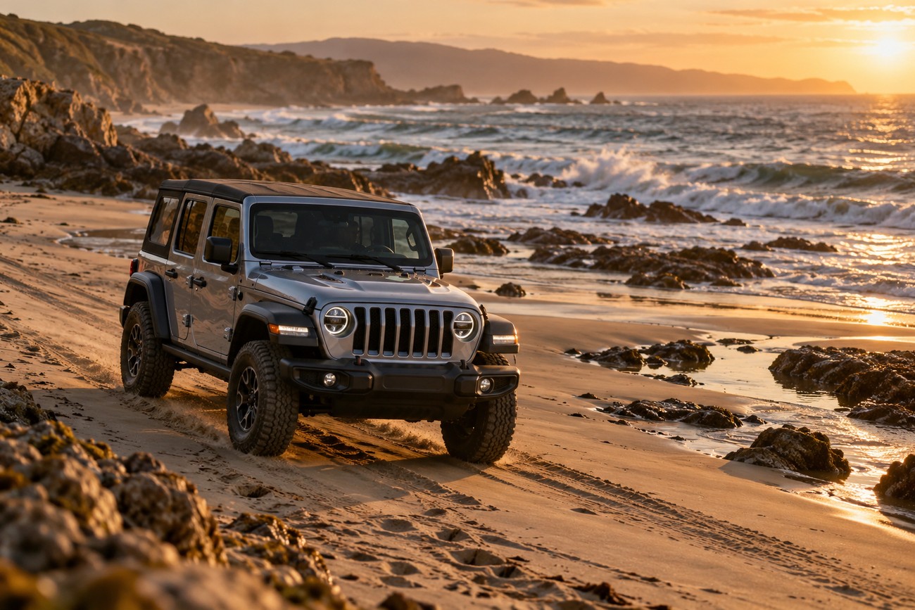 A silver Jeep Wrangler driving on a sandy beach along the ocean at sunset