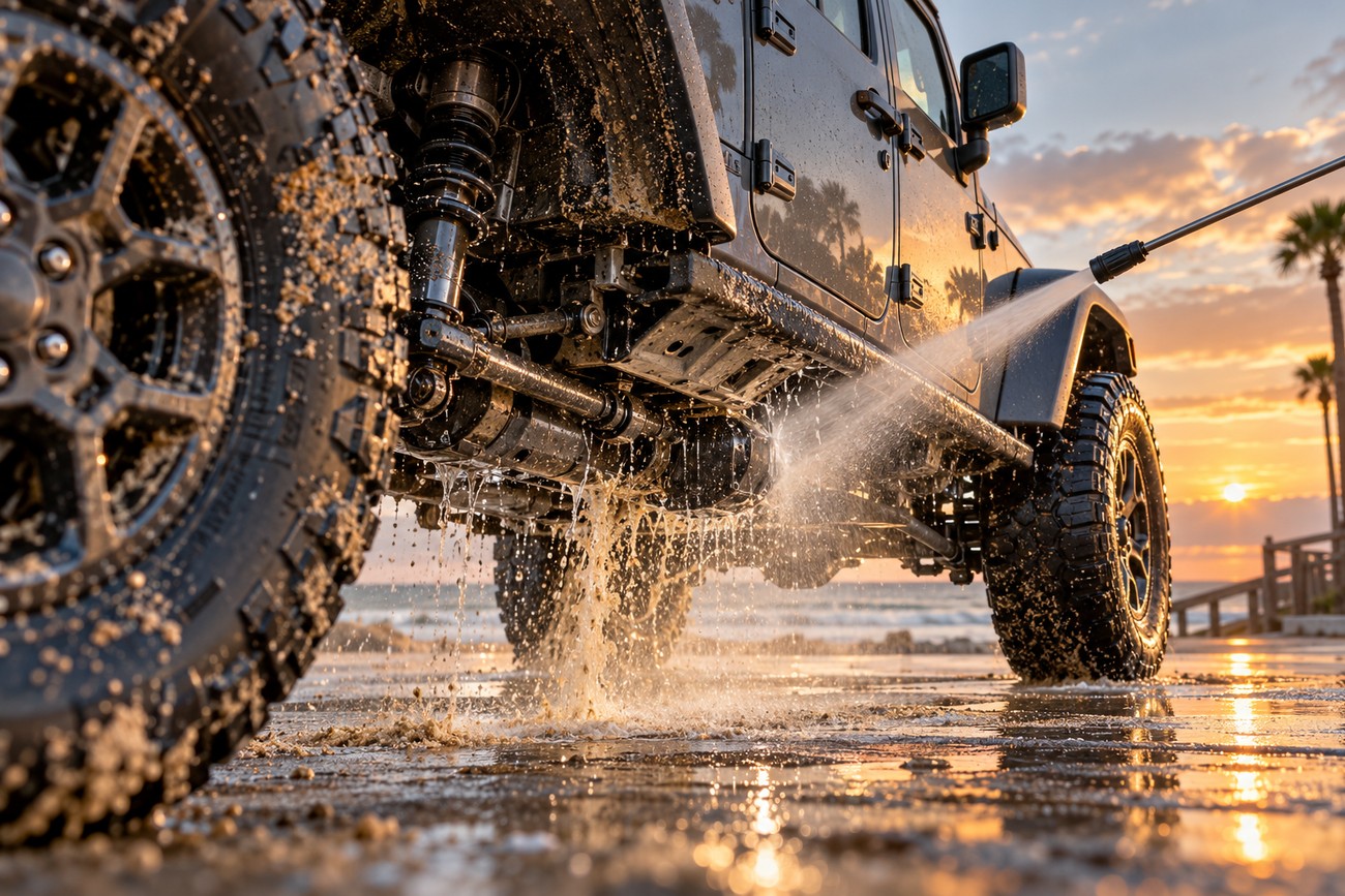 A high-pressure water jet spraying sand and mud from the undercarriage and wheels of a Jeep Wrangler on Daytona Beach at sunset