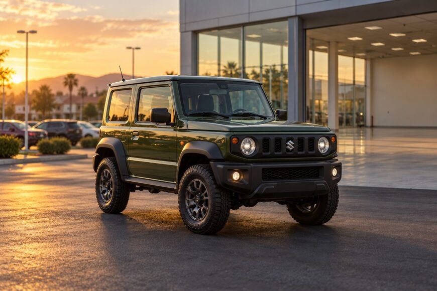 Green Suzuki Jimny compact SUV parked in an asphalt lot outside a dealership at sunset
