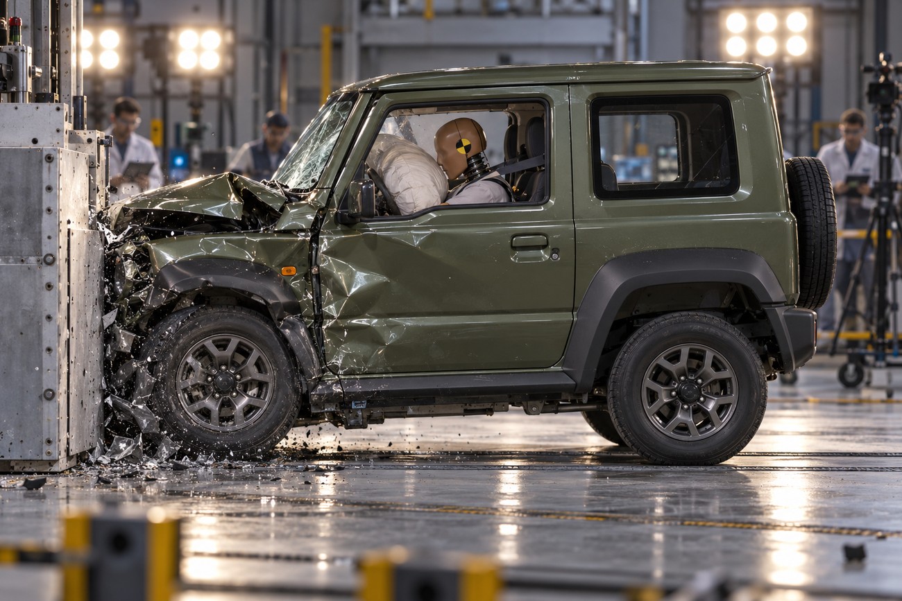 An olive-green Suzuki Jimny crashing into a barrier during a frontal safety test with a dummy inside