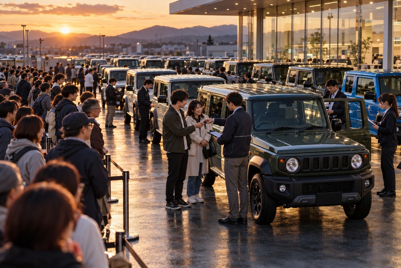 A smiling couple receives car keys from a salesperson next to a new green Suzuki Jimny 5-door at a crowded dealership lot during sunset