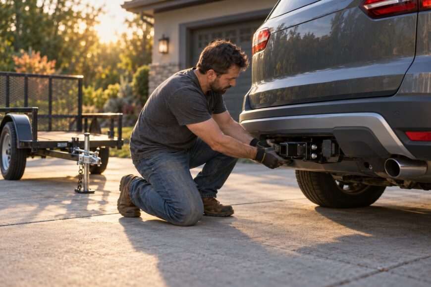 Man kneeling on a driveway and working on the trailer hitch receiver of an SUV with a utility trailer nearby