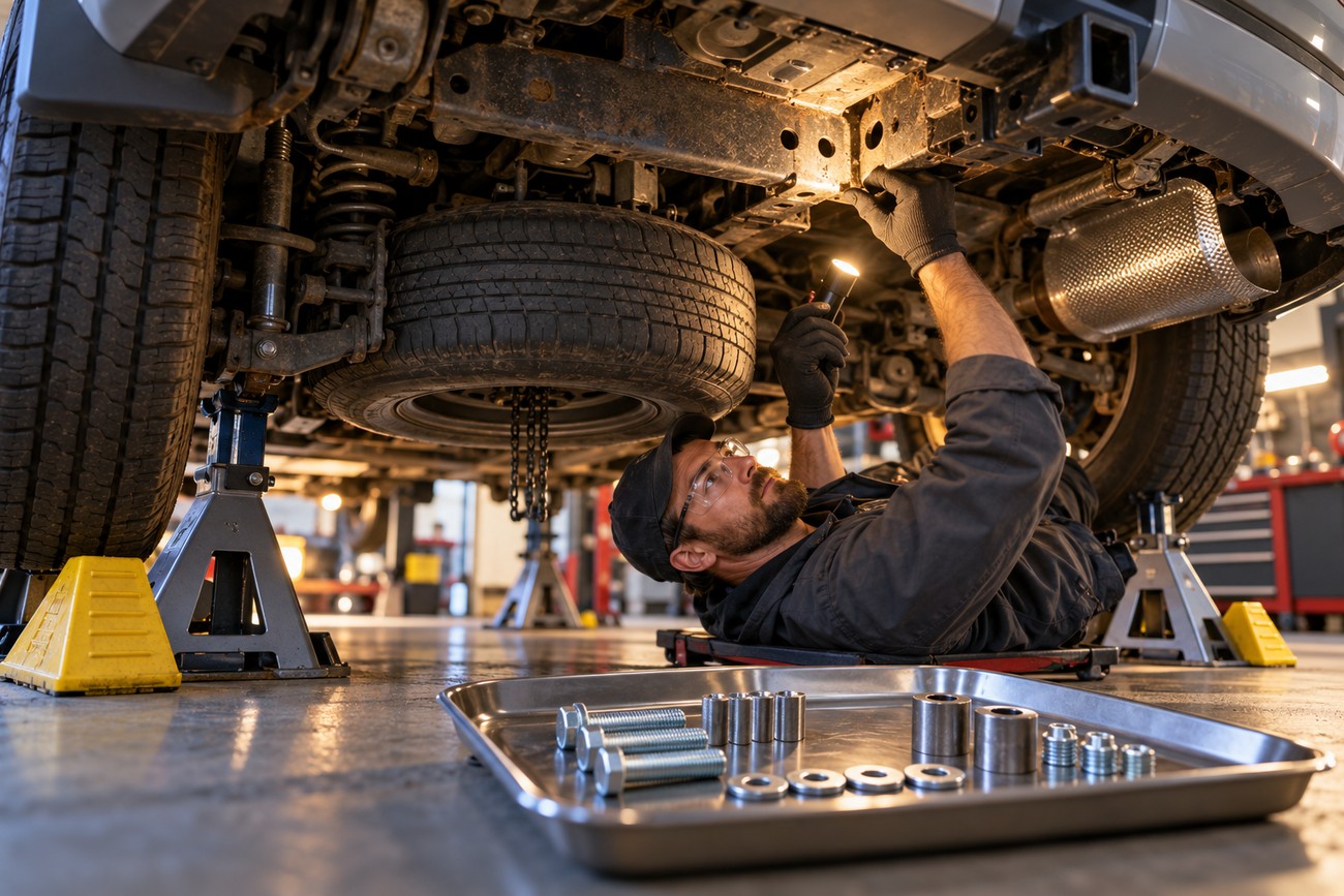 Mechanic lying under a raised truck inspecting the chassis with a flashlight during trailer hitch installation