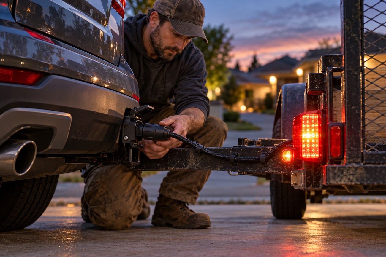 A man connecting the electrical wiring plug to a trailer hitch attached to the back of a car
