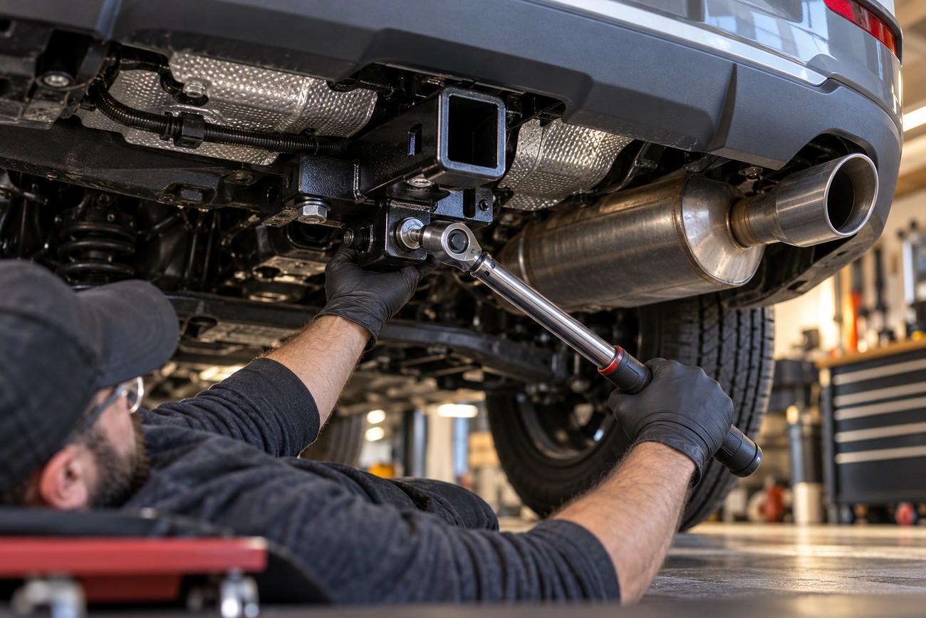 Mechanic wearing gloves lying under a car using a torque wrench to install a trailer hitch receiver