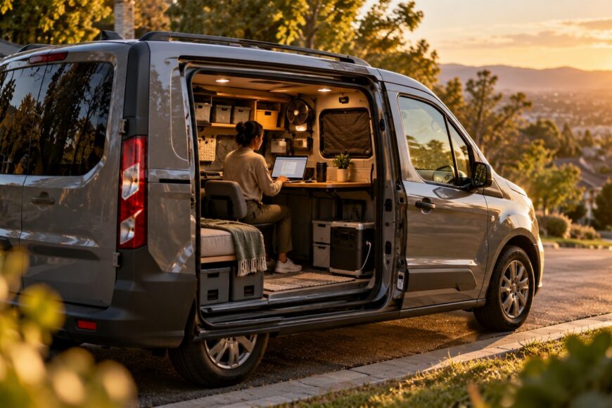 A woman working on a laptop at a custom wooden desk inside a converted Ford Transit Connect camper van parked outdoors
