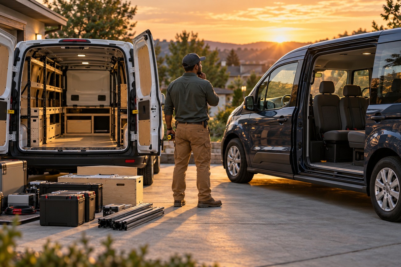 A man stands between two Ford Transit Connect vans with open doors at sunset, surrounded by gear boxes and equipment