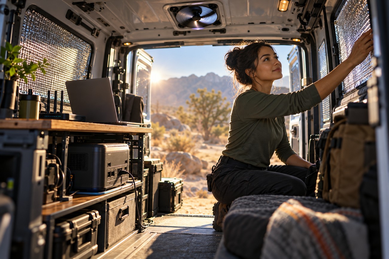 A woman working remotely inside a converted Ford Transit Connect van with a laptop on a wooden desk and scenic mountain views outside