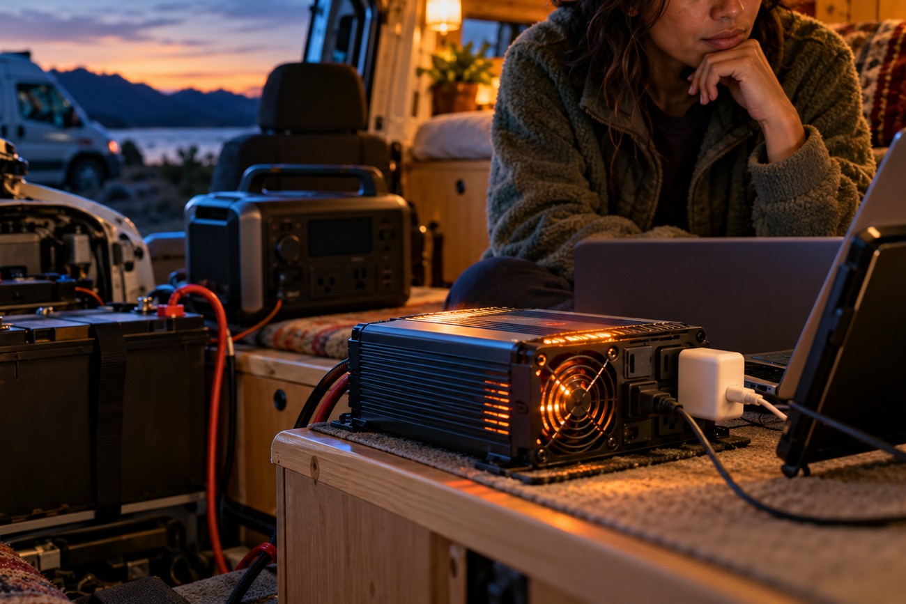 A woman working on a laptop inside a converted Ford Transit Connect camper van with power equipment setup