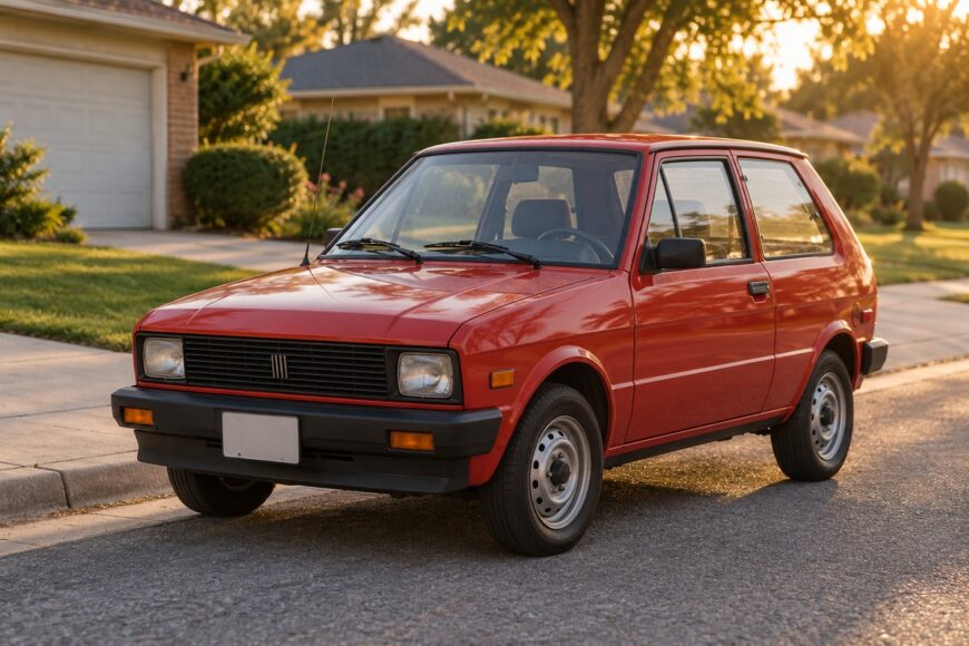 A vintage red Yugo GV hatchback parked on the side of a suburban street during sunset