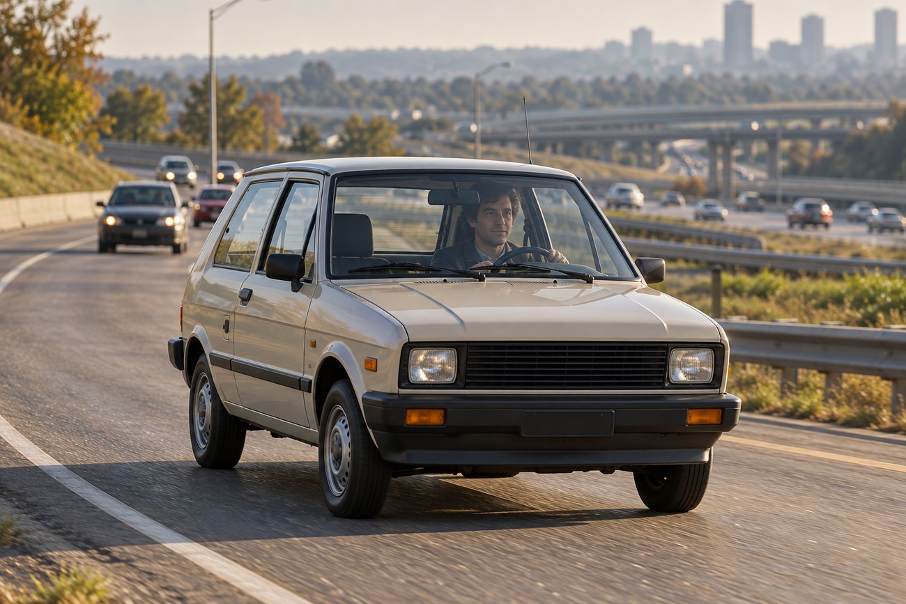 A beige Yugo GV hatchback driving on an American highway with other cars and a city skyline visible in the distance