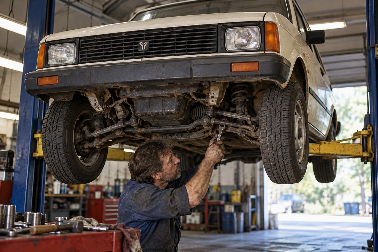 A male mechanic in a blue uniform uses a wrench to repair the suspension of a white Yugo GV lifted on a hydraulic hoist inside an auto repair shop