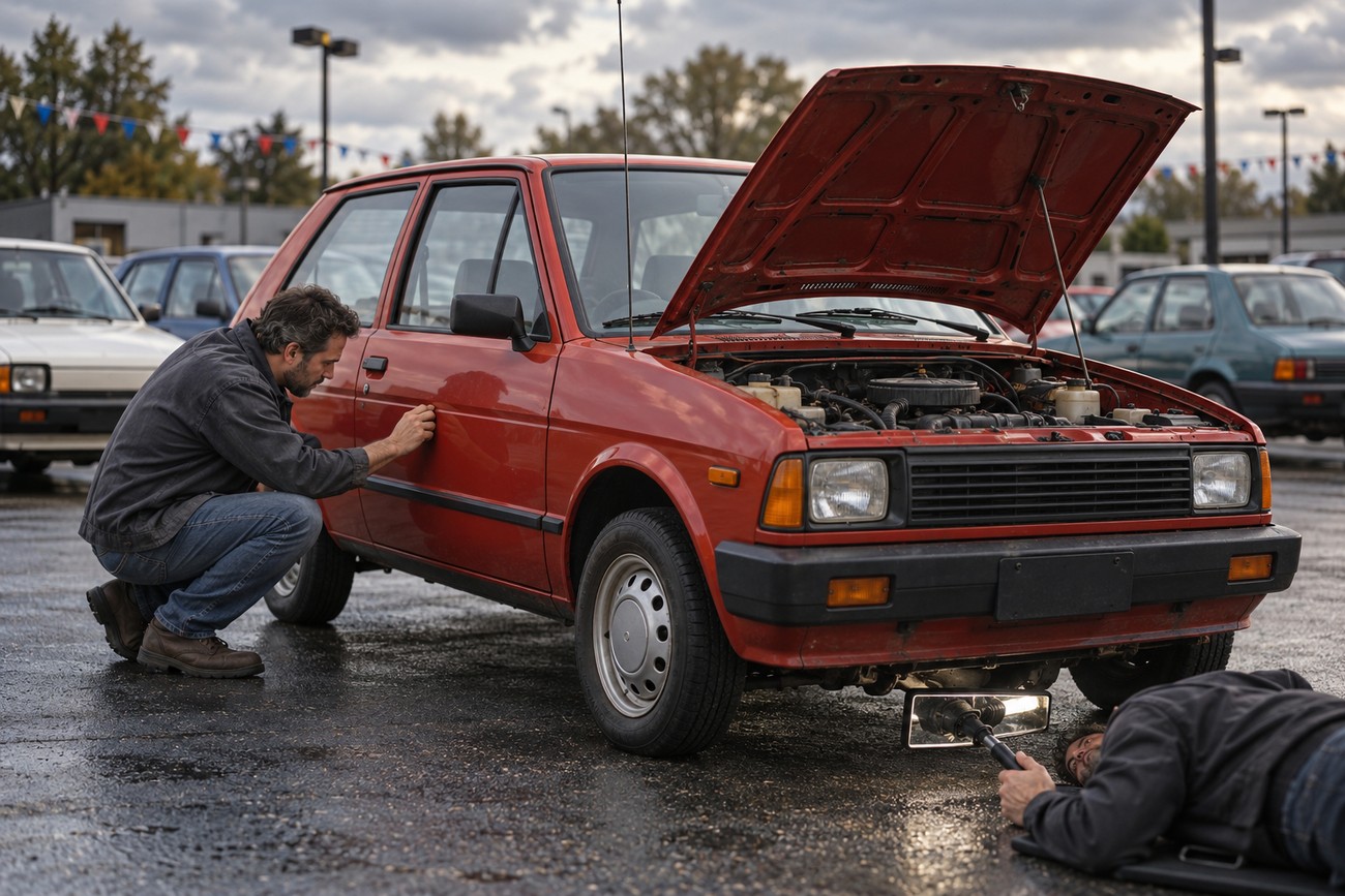 A mechanic inspects the body of a red Yugo GV while another looks underneath the car with a light