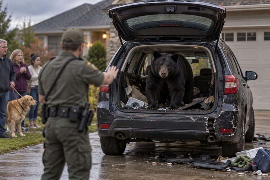 A wildlife officer warns onlookers as a large black bear stands trapped inside the open trunk of a damaged Subaru Forester SUV in a residential driveway