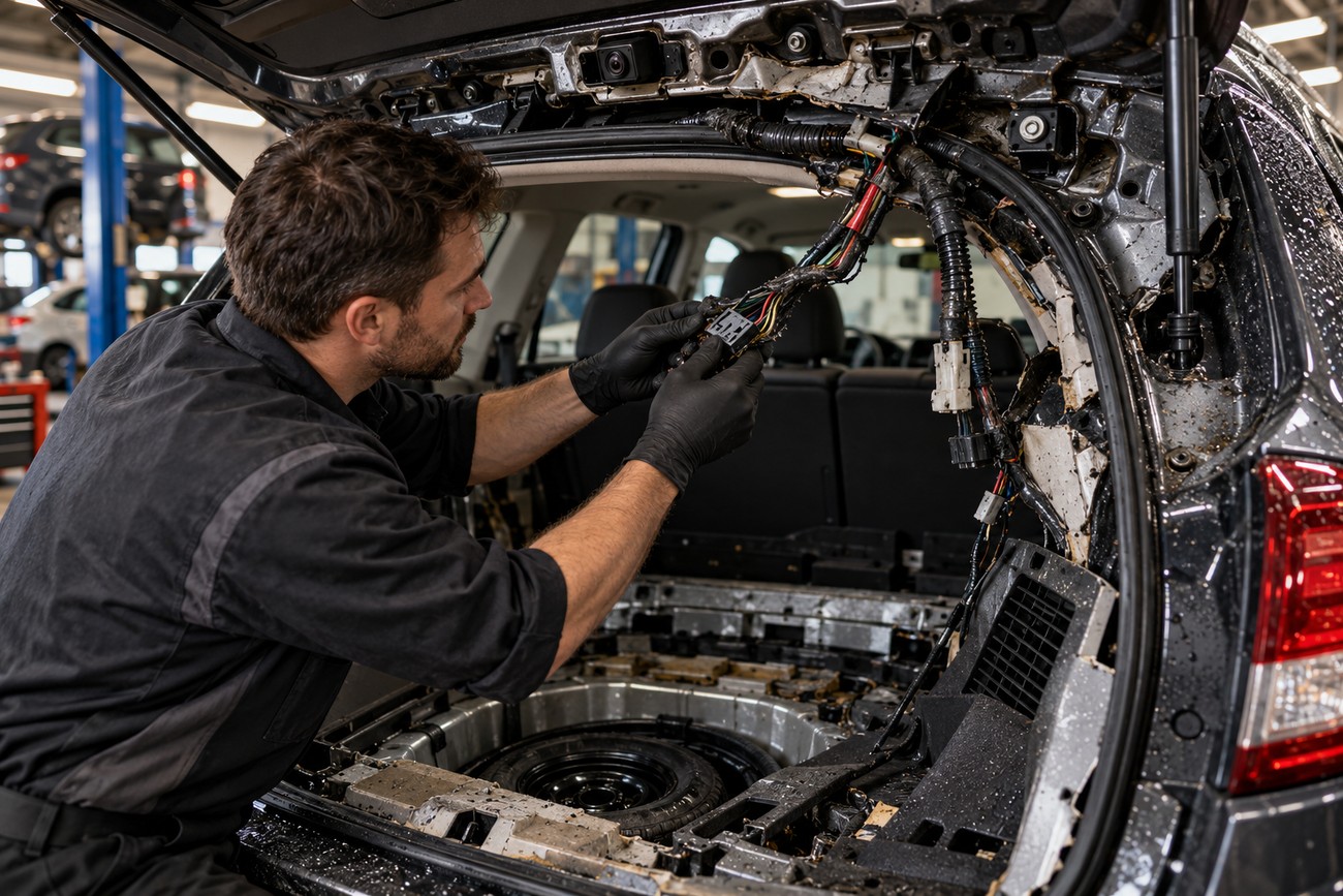 A mechanic wearing gloves inspects damaged wiring inside the open trunk of a Subaru Forester