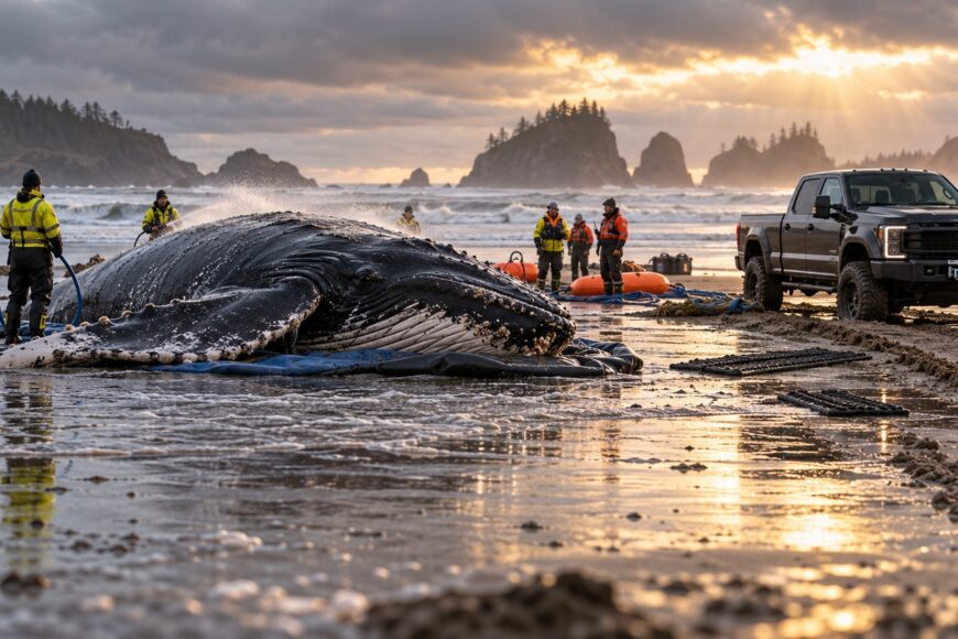 Rescue workers and a Ford F-350 truck on a sandy beach attempting to save a beached whale