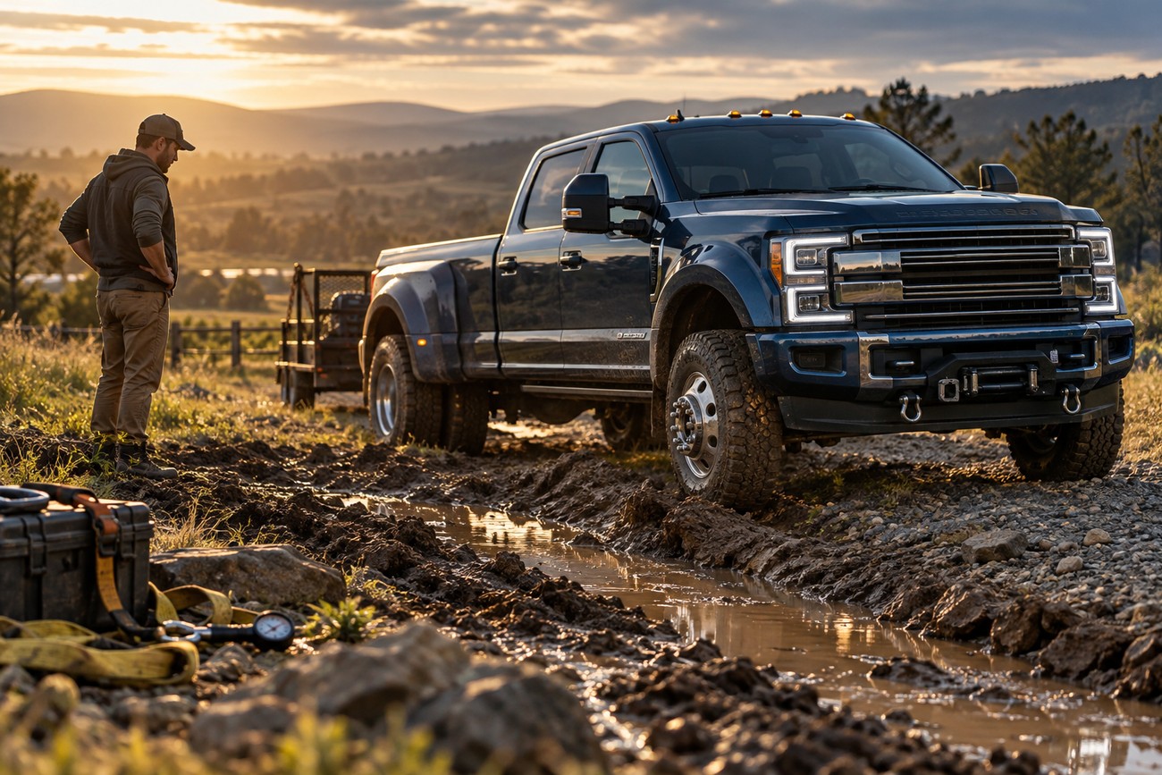 A man stands beside a blue Ford F-350 heavy-duty truck parked on a muddy coastal path with towing straps in the foreground during sunset