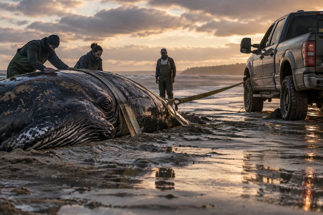 Rescuers and a Ford F-350 pickup truck attempting to pull a stranded whale back into the ocean from a sandy beach