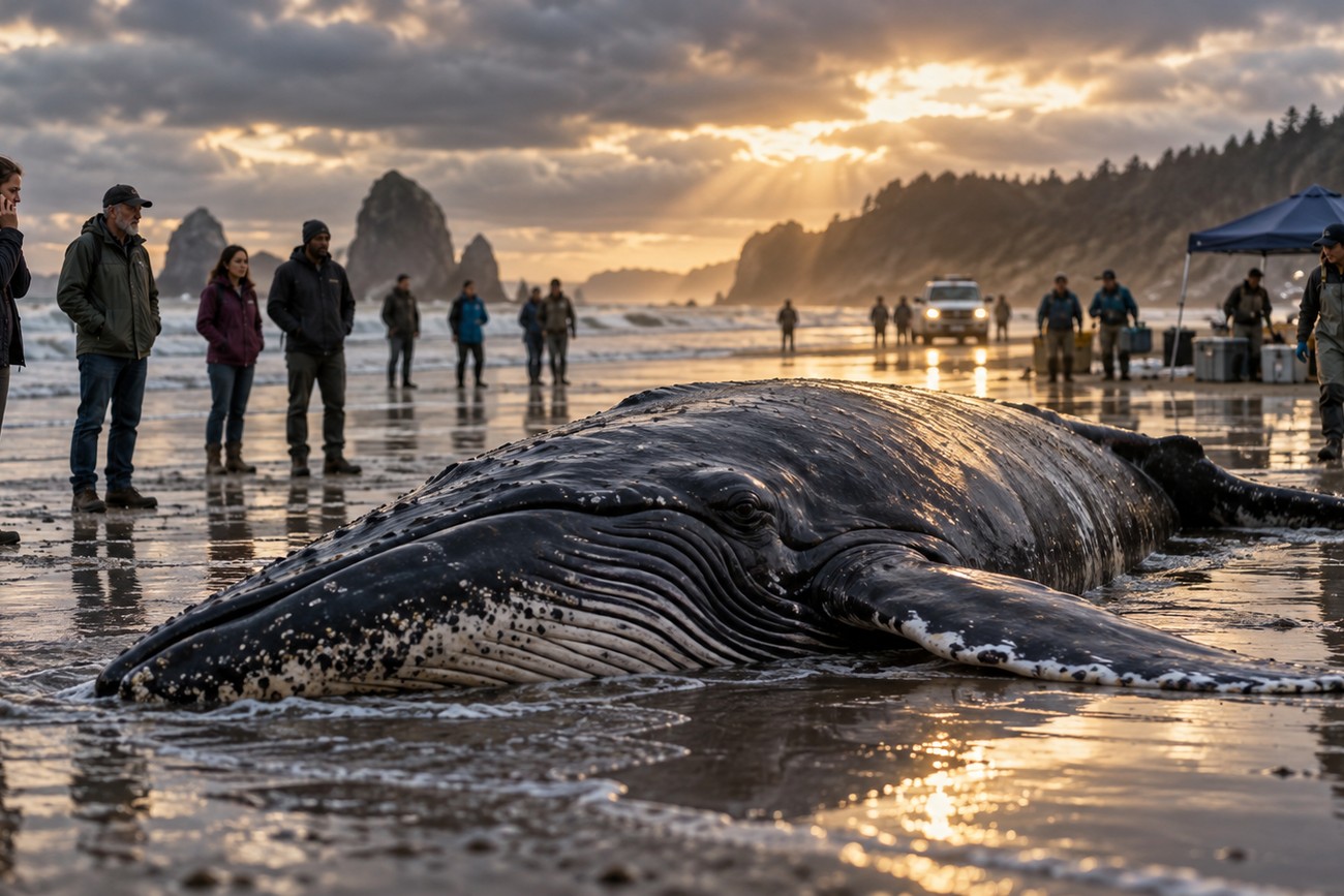 A large beached whale lying on the wet sand at sunset with a group of people standing nearby and a pickup truck parked in the background