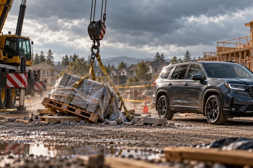A construction crane drops a heavy pallet of blocks dangerously close to a dark gray Honda Pilot SUV parked at a building site