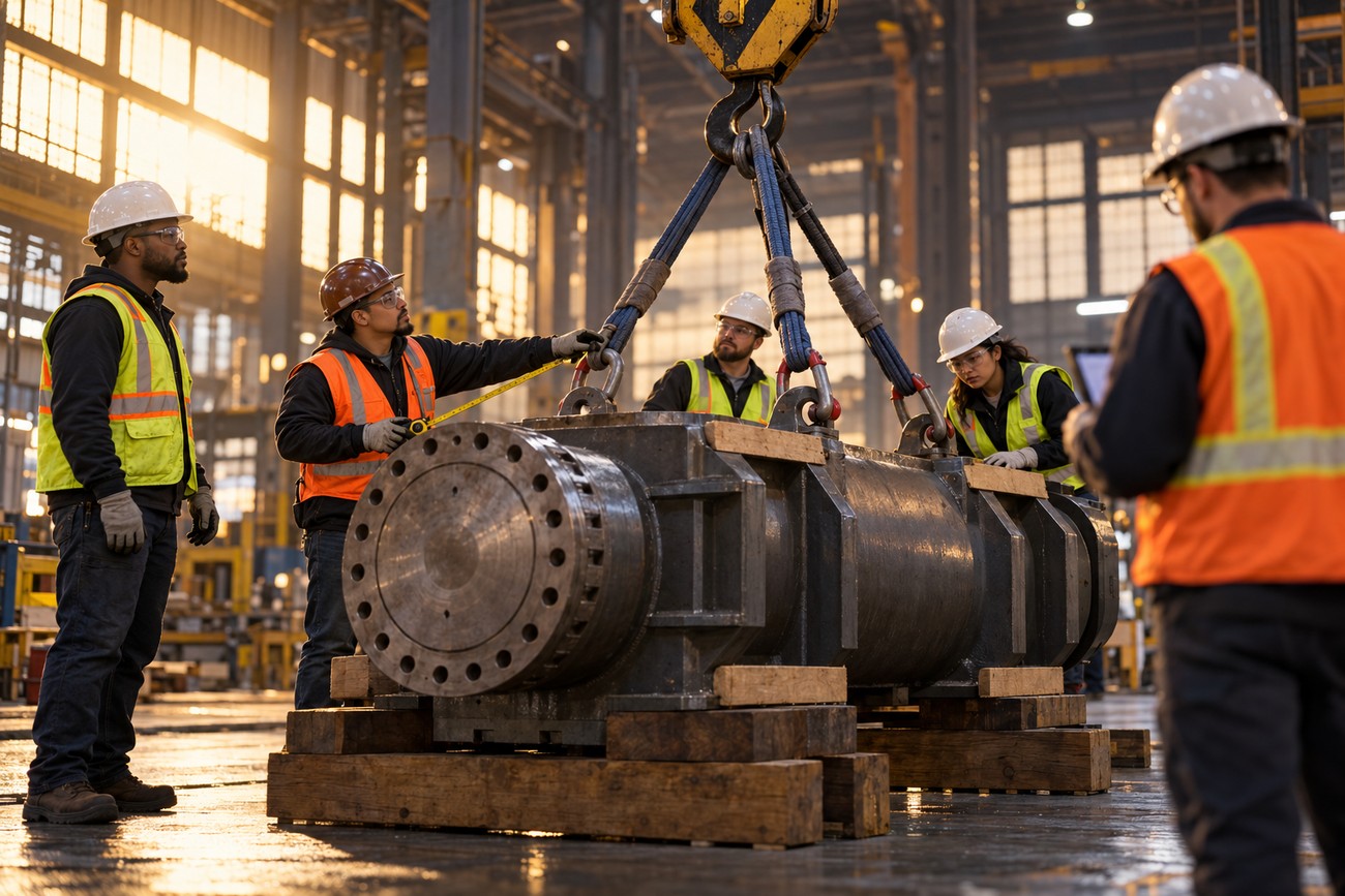 Industrial workers in hard hats and safety vests watching a heavy metal load suspended from a factory crane