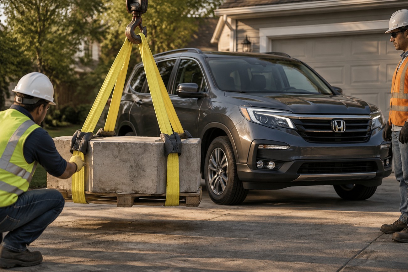 Construction workers guide a heavy concrete block suspended by yellow straps from a crane near a parked Honda Pilot SUV