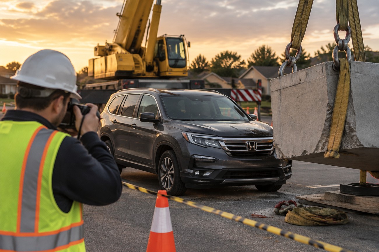 A construction worker in a hard hat takes a photo of a heavy concrete block hanging from a crane near a dark gray Honda Pilot