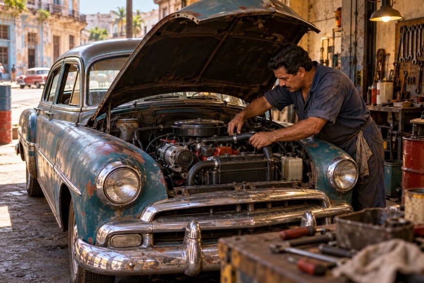 A Cuban mechanic in a workshop working on the engine of a vintage 1950s Chevrolet classic car with the hood open