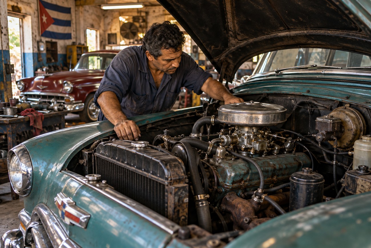 A Cuban mechanic in a workshop leaning over the open hood of a classic teal 1950s Chevrolet to repair its engine
