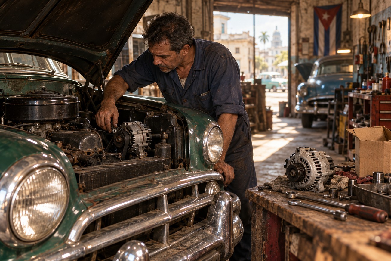 A Cuban mechanic wearing blue overalls inspects the engine of a vintage green 1950s Chevrolet in a rustic auto repair shop