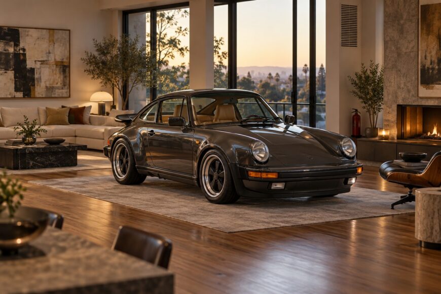 A classic grey Porsche 911 parked on a large rug inside a modern luxury living room with a fireplace and large windows