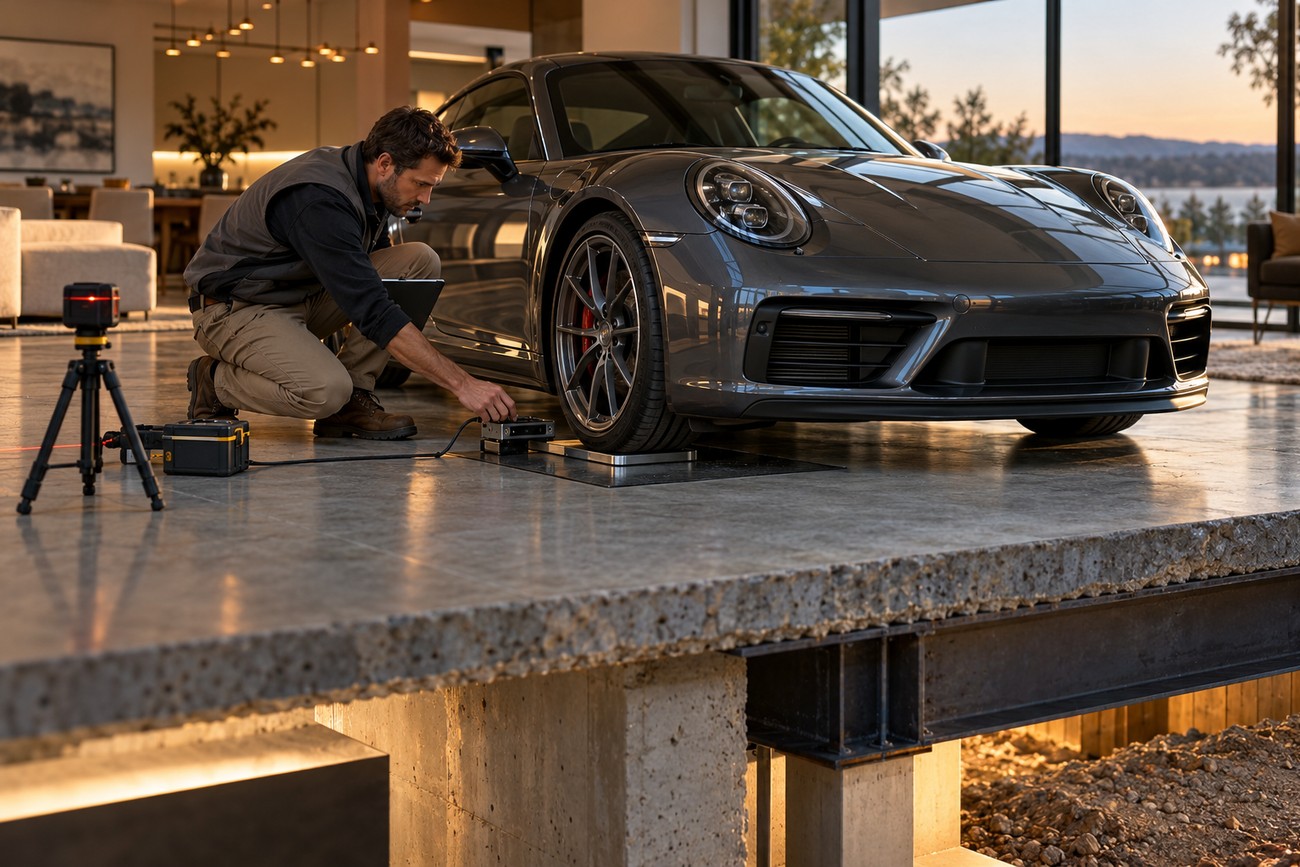 Engineer inspecting a grey Porsche 911 parked inside a modern luxury living room with reinforced concrete flooring