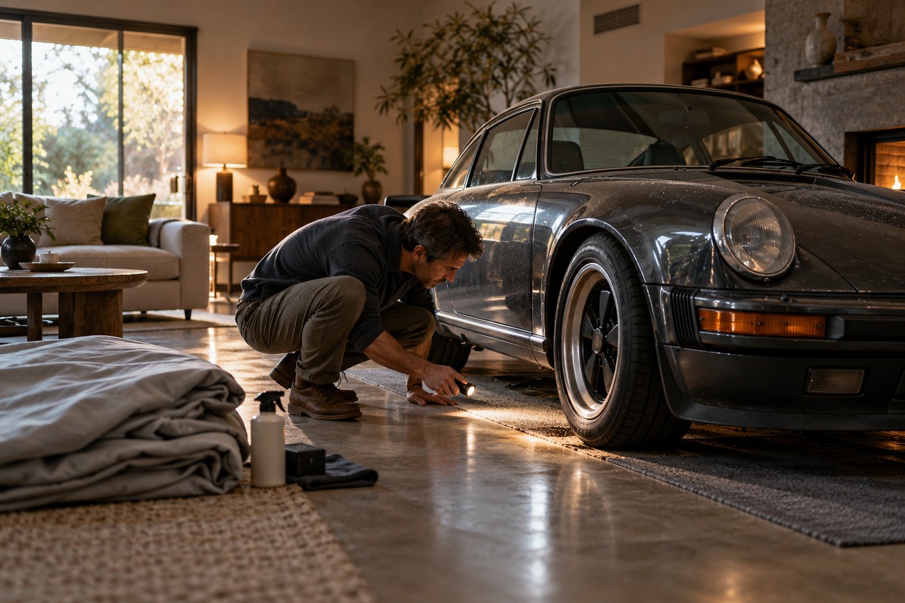 A man crouching and using a flashlight to inspect the wheel of a classic Porsche 911 parked inside a modern living room