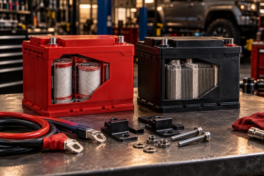 Cutaway comparison of a red spiral cell Optima battery and a black flat plate Odyssey AGM battery on a metal workbench with jumper cables and hardware