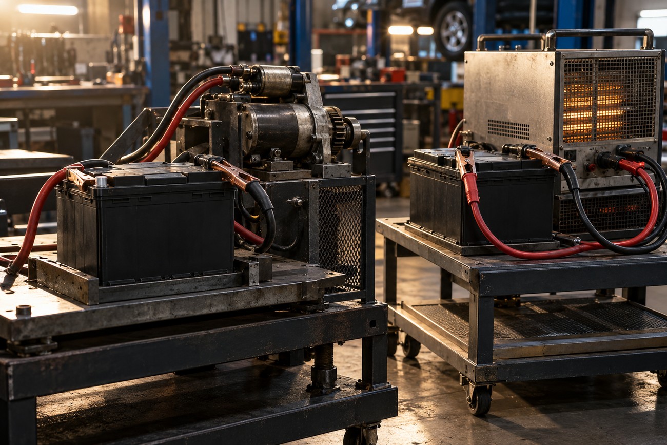 AGM batteries connected with jumper cables to testing and charging equipment in an automotive workshop