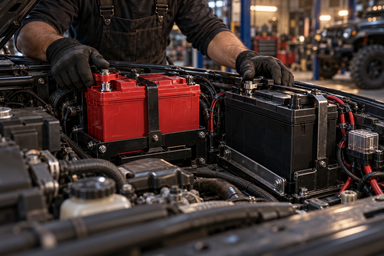 A mechanic in work gloves installs a red AGM battery next to another battery in a vehicle engine bay
