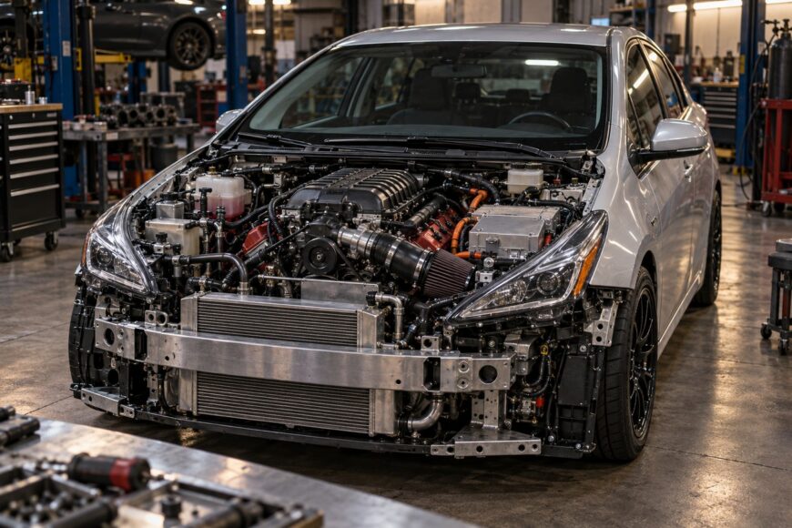 A silver Toyota Prius with its front bumper removed revealing a supercharged V8 engine inside an auto repair shop